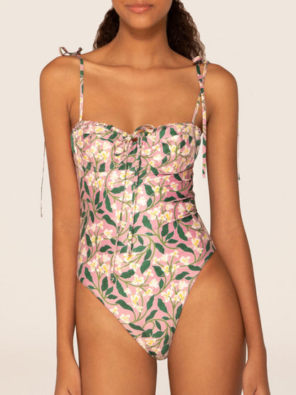 Pink Leaf Print One-Piece Swimsuit With Adjustable Tie Straps & Matching Knot Sarong