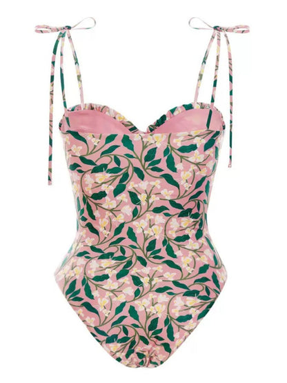 Pink Leaf Print One-Piece Swimsuit With Adjustable Tie Straps & Matching Knot Sarong