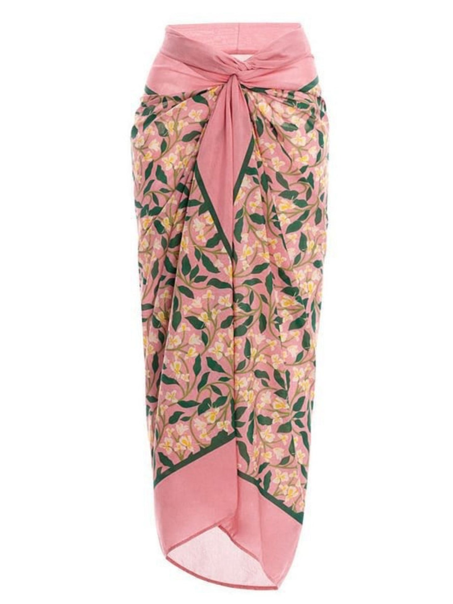 Pink Leaf Print One-Piece Swimsuit With Adjustable Tie Straps & Matching Knot Sarong