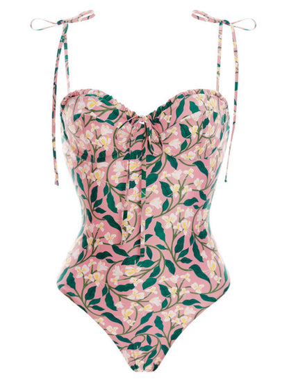 Pink Leaf Print One-Piece Swimsuit With Adjustable Tie Straps & Matching Knot Sarong