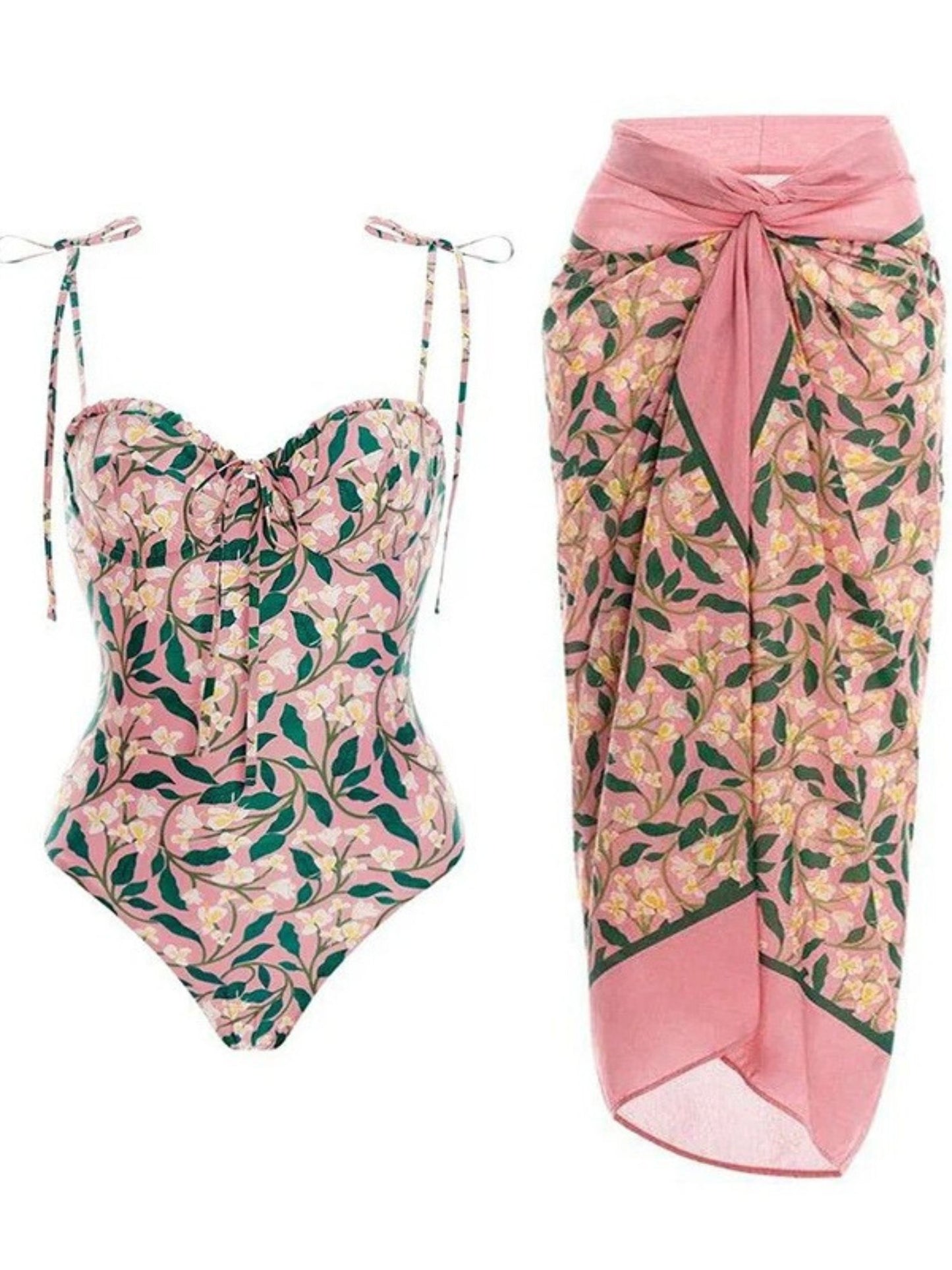 Pink Leaf Print One-Piece Swimsuit With Adjustable Tie Straps & Matching Knot Sarong