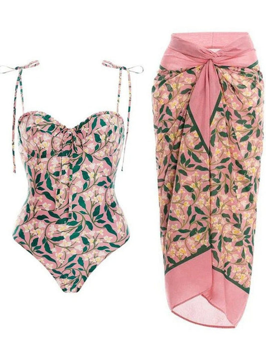 Pink Leaf Print One-Piece Swimsuit With Adjustable Tie Straps & Matching Knot Sarong