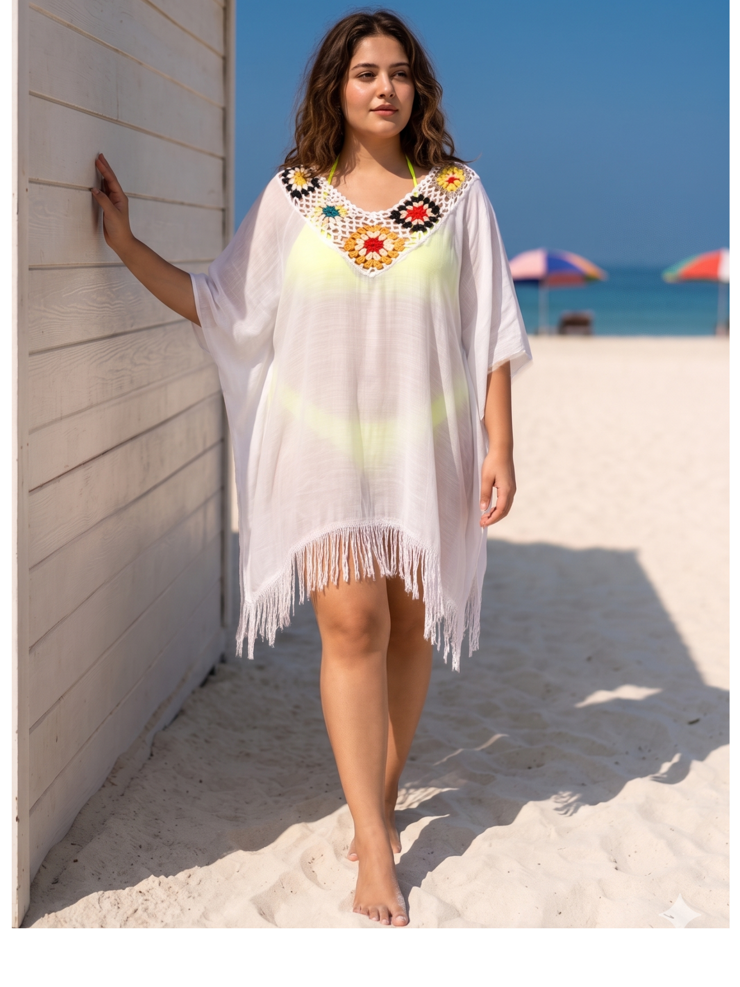 White Crochet Neck Beach Cover-Up Kaftan with Tassel Hem