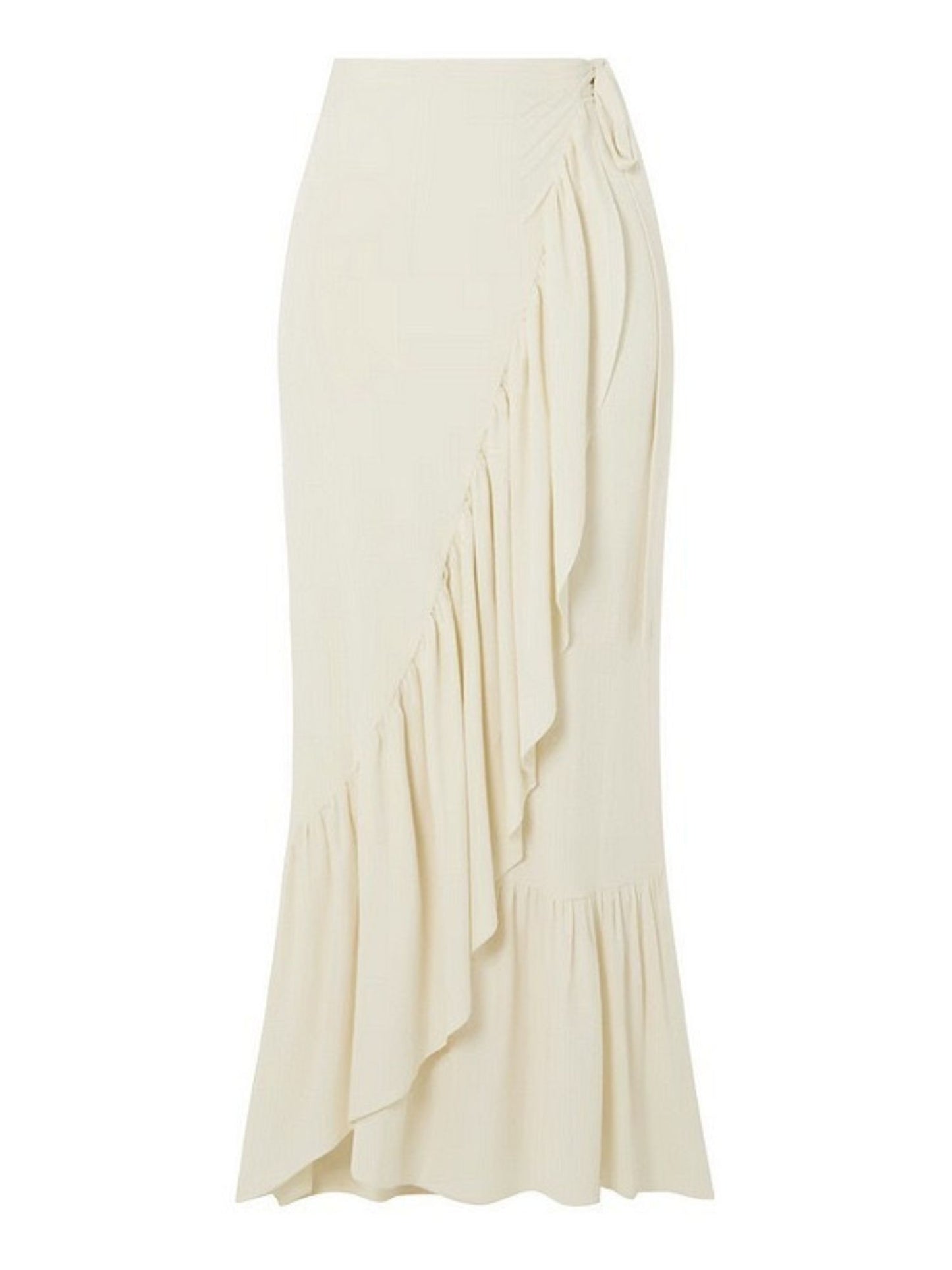 Cream Ruffle Asymmetrical Hem Midi Skirt