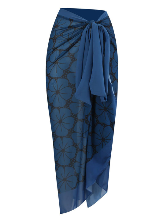 Deep Blue Floral Print Sheer Chiffon Sarong Beach Cover-Up