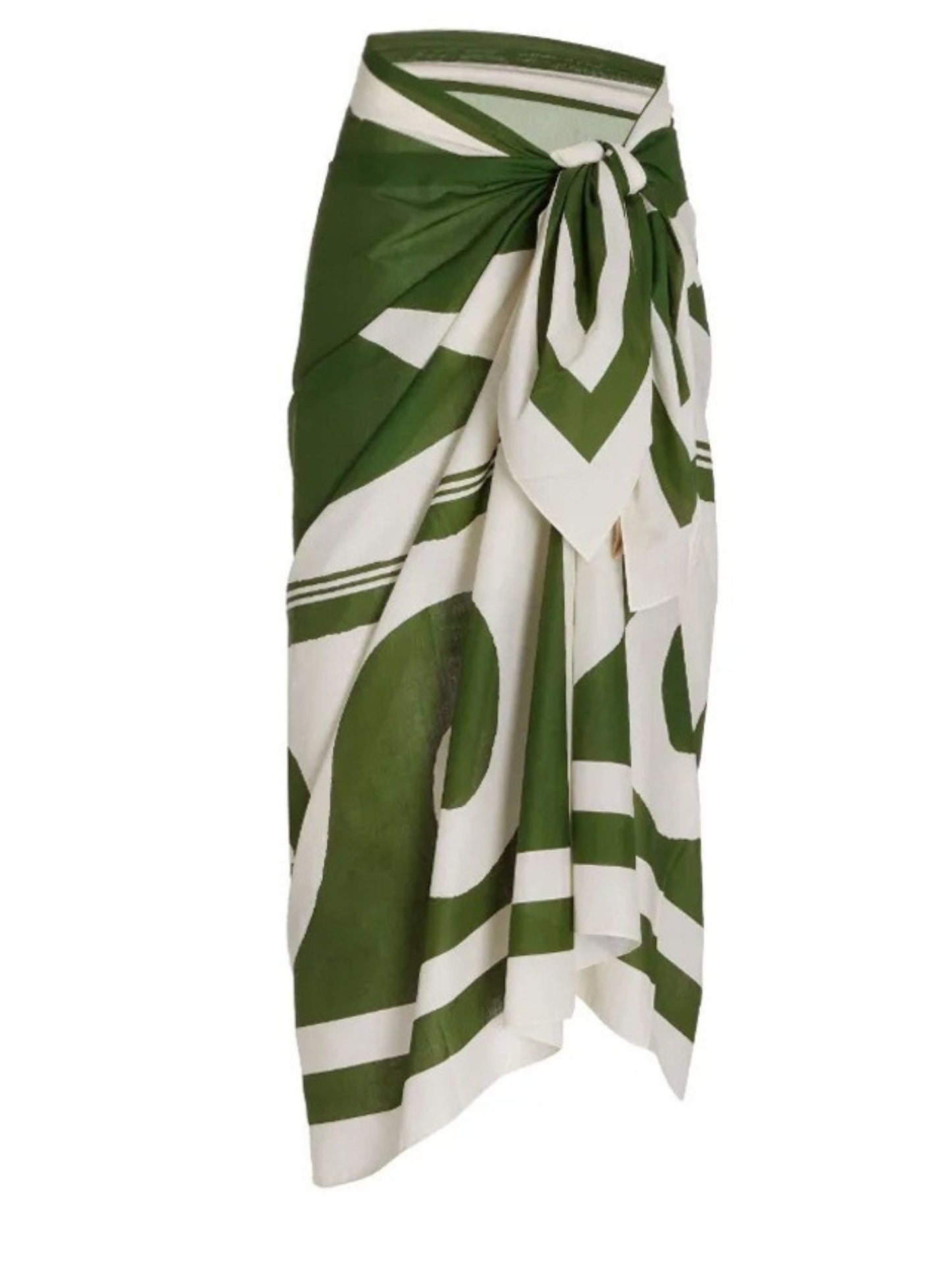 Forest Green & White Abstract Geometric Print Sarong Beach Cover-Up