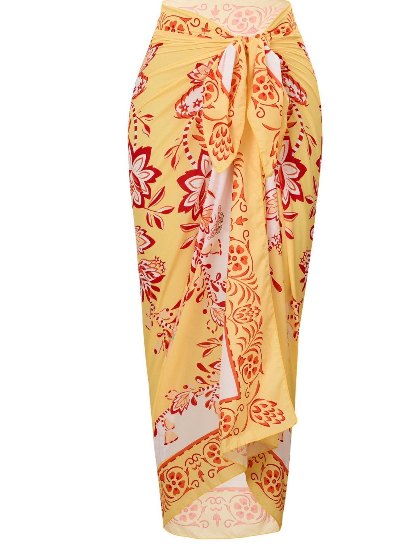 Sunny Yellow & Red Floral Print Tie-Front Sarong Beach Cover-Up