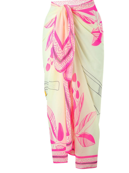 Cream & Hot Pink Botanical Print Grecian Border Sarong Beach Cover-Up