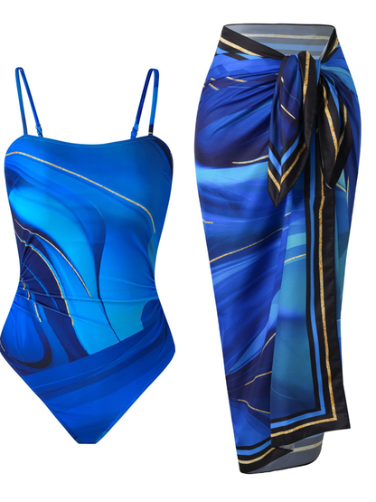 Bold Blue Wrap-Detail One-Piece Swimsuit With Slit Sarong