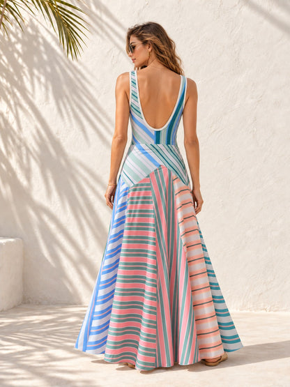Striped Tie-Front Padded One-Piece Swimsuit with Printed Cover-Up