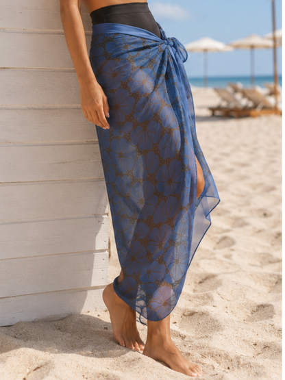 Deep Blue Floral Print Sheer Chiffon Sarong Beach Cover-Up