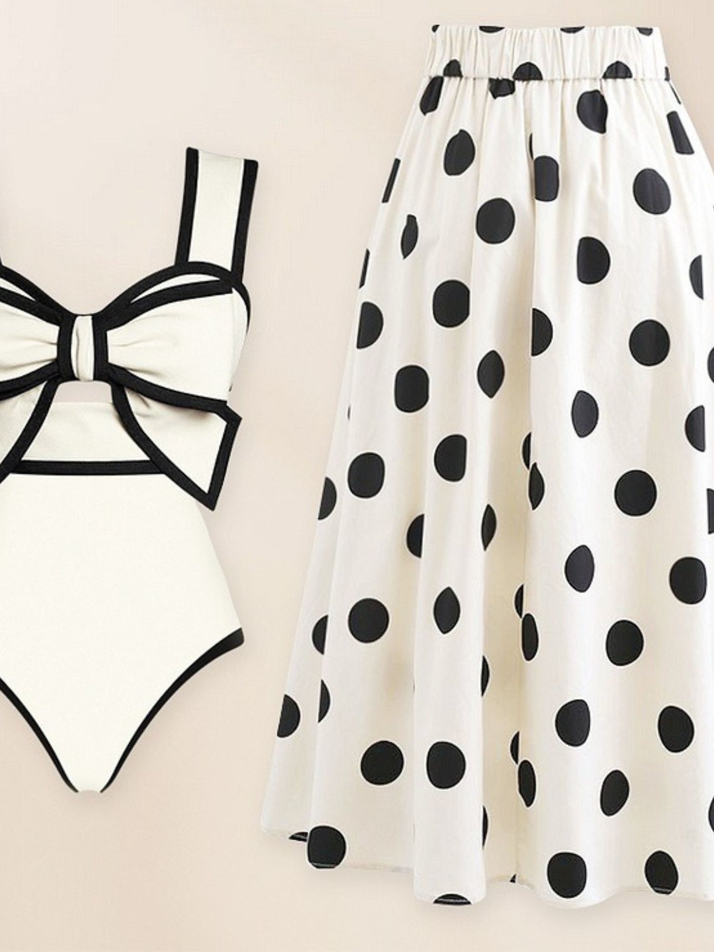 Black & White Bow One-Piece Swimsuit With Polka Dot Midi Sarong Skirt