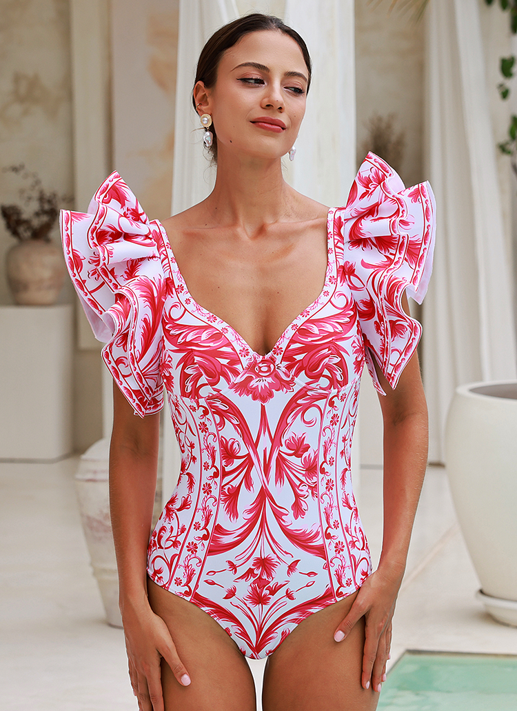 Red Printed One Piece Swimsuit