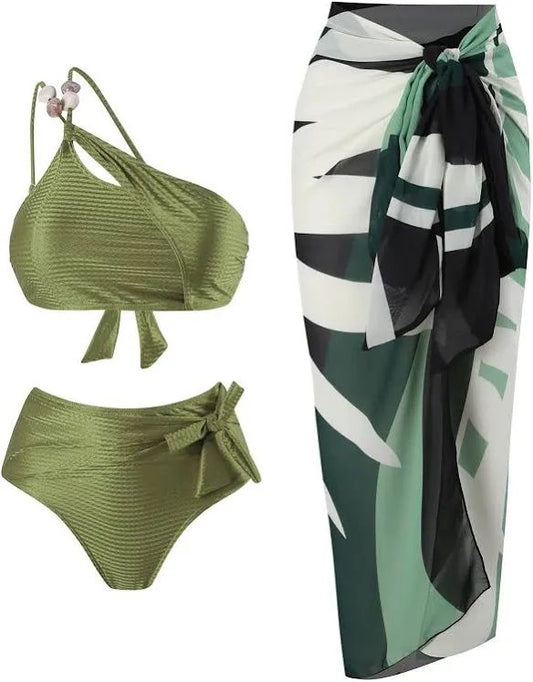 Sage Olive  Beaded Bikni Set with Sarong
