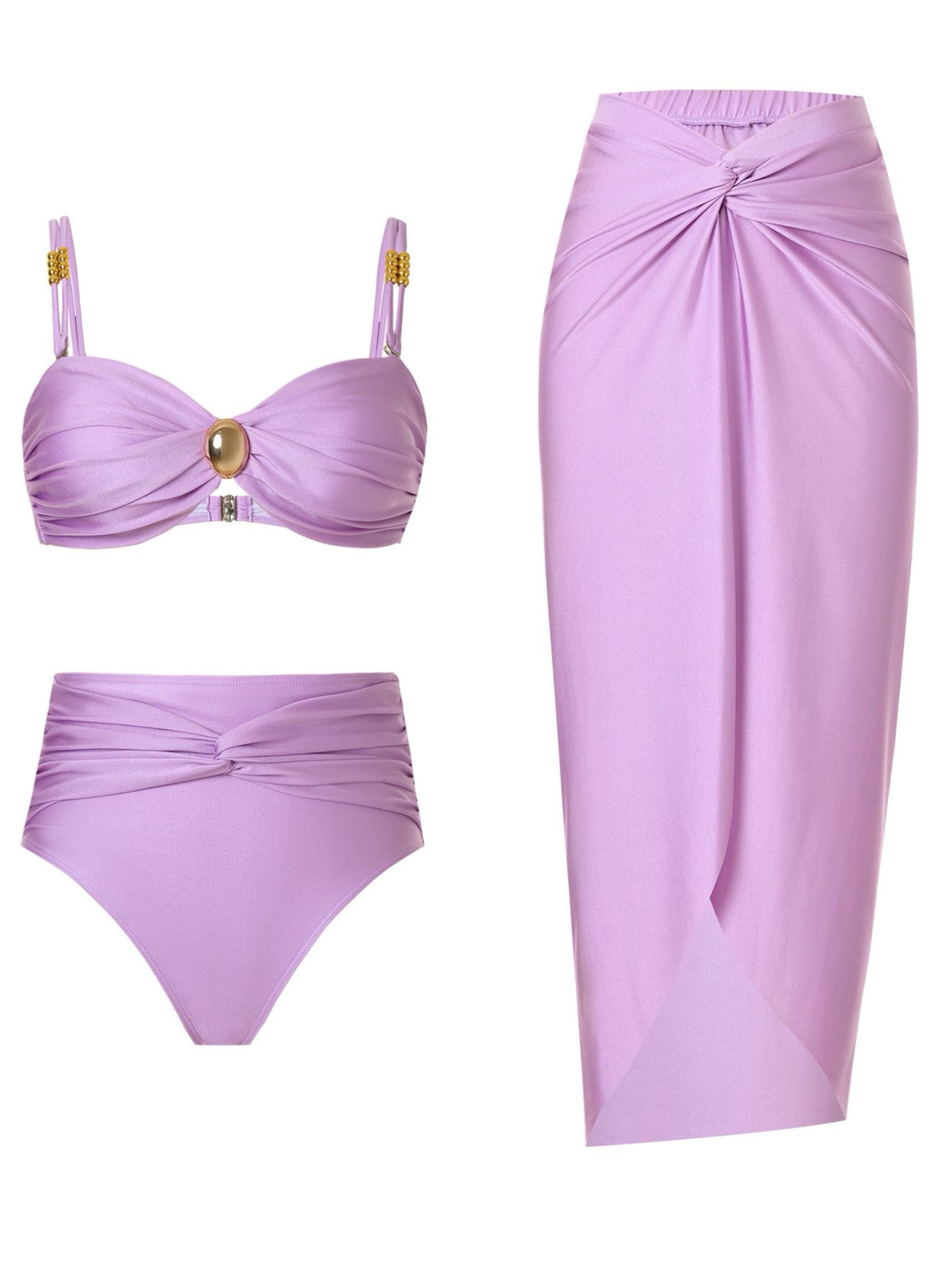 Lavender 3-Piece Bikini Set With High-Waist Bottom & Knot Detail Sarong