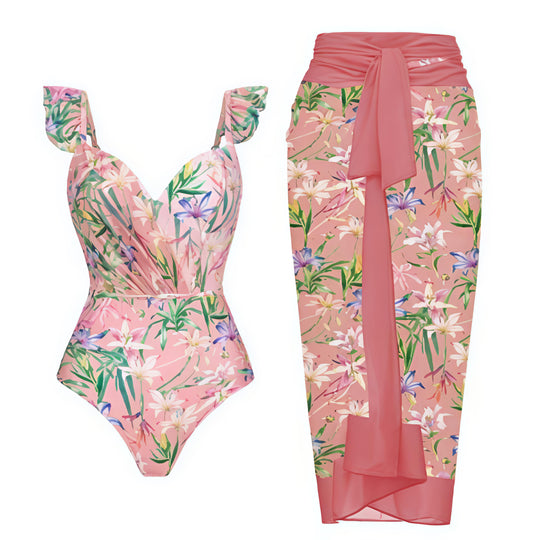 Pink Tropical Floral One-Piece Swimsuit With Ruffle Straps & Matching Tie-Knot Sarong